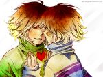  androgynous bandaid bandaid_on_face brown_hair chara_(undertale) different_reflection frisk_(undertale) heart mirror qin-ying red_eyes reflection sleeves_past_wrists spoilers striped striped_sweater sweater tagme undertale watermark web_address 