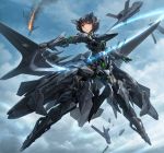  1girl ace_combat aerial_battle airplane aqua_eyes armor battle bob_cut boots brown_hair clouds commentary_request dogfight flying gloves headgear helmet highres jet_engine looking_at_viewer machinery mecha mecha_musume original short_hair sky solo tom-neko_(zamudo_akiyuki) xr-45_cariburn 