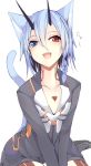  1girl animal_ears blue_hair cat_ears cat_tail hair_between_eyes heterochromia highres horns io_(pso2) looking_at_viewer phantasy_star phantasy_star_online_2 short_hair solo sukage tail tattoo 