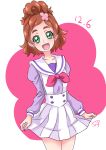  1girl :d brown_hair chocokin cowboy_shot dated eyebrows go!_princess_precure green_eyes haruno_haruka looking_at_viewer noble_academy_school_uniform open_mouth precure school_uniform serafuku short_hair signature skirt smile solo standing thick_eyebrows white_skirt 