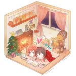  2girls ? ^_^ barefoot black_hair book bookshelf box cellphone chair character_name chin_rest christmas_stocking christmas_tree closed_eyes curtains fireplace gift gift_box hair_bobbles hair_ornament hyugo love_live!_school_idol_project lying metronome multiple_girls nishikino_maki on_stomach open_book pencil phone poster_(object) redhead rocking_chair shared_blanket smartphone stuffed_animal stuffed_toy teddy_bear tomato twintails twitter_username violet_eyes window yazawa_nico 