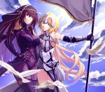  2girls armor armored_dress bird blonde_hair blue_eyes bodysuit breasts cleavage covered_navel dress fate/apocrypha fate/grand_order fate_(series) gauntlets hand_on_hip headpiece jeanne_d&#039;arc jh large_breasts long_hair multiple_girls pauldrons purple_hair red_eyes ruler_(fate/apocrypha) scathach_(fate/grand_order) smile thigh-highs very_long_hair violet_eyes 