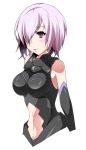  1girl absurdres armor armored_dress bare_shoulders blush breasts fate/grand_order fate_(series) hair_over_one_eye highres large_breasts navel open_mouth purple_hair shielder_(fate/grand_order) short_hair simple_background solo ukyou violet_eyes white_background 