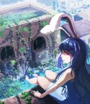  1girl alternate_costume animal_ears backlighting barefoot blue_dress building day dress expressionless eyebrows eyebrows_visible_through_hair from_above from_behind grass heiya legs long_hair looking_at_viewer moss nature overgrown pink_eyes plant purple_hair rabbit_ears reisen_udongein_inaba shiny shiny_hair sitting sleeveless sleeveless_dress solo stream sundress sunlight thighs toes touhou tree very_long_hair vines water 