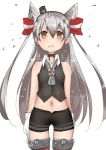  1girl alternate_costume amatsukaze_(kantai_collection) brown_eyes flying_sweatdrops gloves hat highres kantai_collection long_hair navel open_mouth re_(tori) red_legwear shorts silver_hair solo thigh-highs twintails white_background white_gloves 