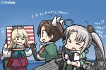  &gt;_&lt; 3girls ahoge akitsushima_(kantai_collection) blue_sky blush brown_hair cannon closed_eyes commentary dated flying_sweatdrops gloves grey_hair hair_ribbon hamu_koutarou headgear iowa_(kantai_collection) kantai_collection kazagumo_(kantai_collection) long_hair machinery multiple_girls ocean open_mouth ponytail ribbon side_ponytail sidelocks single_elbow_glove sketchbook sky star star-shaped_pupils symbol-shaped_pupils tone_(kantai_collection) translation_request twintails white_gloves 