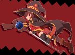  1girl bandaged_leg black_legwear blush boots brown_hair cape fingerless_gloves gloves hat highres kono_subarashii_sekai_ni_shukufuku_wo! long_sleeves looking_at_viewer megumin nekokan-nekokan open_mouth red_eyes short_hair solo staff thigh-highs wide_sleeves witch_hat 