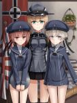  3girls anchor_hair_ornament bangs blonde_hair blue_dress blue_eyes blunt_bangs brown_eyes brown_hair dress green_eyes hair_ornament hand_on_another&#039;s_shoulder hat highres kantai_collection kriegsmarine looking_at_viewer low_twintails military military_hat military_uniform multiple_girls neckerchief peaked_cap prinz_eugen_(kantai_collection) rabochicken rising_sun sailor_collar sailor_dress sailor_hat short_dress short_hair silver_hair smile sunburst tray twintails uniform v_arms z1_leberecht_maass_(kantai_collection) z3_max_schultz_(kantai_collection) 