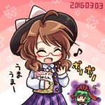  2girls bow brown_hair eating glasses green_hair hair_bow hat hat_ribbon kagiyama_hina lowres multiple_girls musical_note open_mouth pote_(ptkan) red-framed_glasses ribbon smile touhou usami_sumireko 