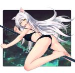  1girl :d animal_ears ass back bakemonogatari bangs bare_legs bare_shoulders barefoot between_legs black_bra black_hanekawa black_panties blush bra breasts cat_ears crotch_seam fang hanekawa_tsubasa highres large_breasts long_hair looking_at_viewer mahito monogatari_(series) open_mouth panties pole sharp_toenails slit_pupils smile solo strap_slip underwear underwear_only white_hair yellow_eyes 