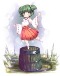  1girl alternate_costume arm_up blush bucket furim gradient gradient_background green_eyes green_hair hair_bobbles hair_ornament hakama_skirt japanese_clothes kisume looking_at_viewer miko no_shoes ribbon-trimmed_sleeves ribbon_trim smile socks solo standing_on_one_leg tiptoes touhou twintails 