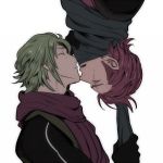  2boys brothers closed_eyes fire_emblem fire_emblem_if gloves green_hair incest incipient_kiss multiple_boys open_mouth redhead saizou_(fire_emblem_if) scar scarf siblings simple_background suzukaze_(fire_emblem_if) u_(lastcrime) white_background yaoi 
