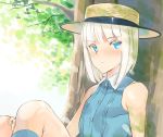  1boy androgynous blonde_hair blue_eyes boater_hat hat looking_at_viewer male_focus open_mouth original rand_(artist) sitting sleeveless solo tree 