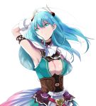  1girl arm_up armpits atelier_(series) atelier_sophie blue_eyes blue_hair breasts capelet cleavage cleavage_cutout corset elbow_gloves gloves hair_ornament large_breasts leon_(atelier) long_hair maromi_(am97) shirt skirt sleeveless sleeveless_shirt smile solo white_gloves 