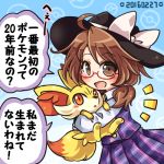  1girl anniversary brown_eyes brown_hair dress glasses hat hat_ribbon long_sleeves lowres open_mouth pokemon pokemon_(creature) pote_(ptkan) purple_dress red-framed_glasses ribbon shirt smile solo touhou translation_request usami_sumireko 