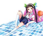  1girl backpack bag bakemonogatari bandaid black_hair fang hachikuji_mayoi hairband long_hair monogatari_(series) red_eyes sitting take_no_ko_(4919400) twintails 