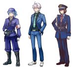  3boys alternate_costume amaguri_(2niso2) belt blue_eyes blue_hair boots brown_eyes brown_hair genderswap glasses gloves green_eyes hand_in_pocket hat highres kawashiro_nitori key morichika_rinnosuke multiple_boys necktie pants ponytail shameimaru_aya touhou uniform white_hair 