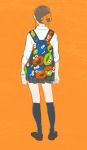  1girl backpack bag black_legwear brown_hair collared_shirt cookie_monster elmo from_behind highres kneehighs loafers orange_background original oscar_the_grouch ozaki_tomomi pleated_skirt scrunchie sesame_street shirt shoes simple_background skirt solo standing white_shirt 