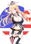  1girl american_flag_legwear belt belt_buckle black_gloves blonde_hair blue_eyes breasts cleavage elbow_gloves garter_straps gloves hand_on_hip headgear iowa_(kantai_collection) kantai_collection large_breasts long_hair looking_at_viewer miniskirt one_eye_closed pointing skirt solo sotogawa_max star star-shaped_pupils symbol-shaped_pupils thigh-highs white_gloves wrist_cuffs zettai_ryouiki 