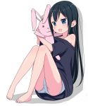  1girl bare_legs bare_shoulders barefoot black_hair blue_eyes blush kimagure_blue long_hair open_mouth original oversized_clothes panties revision simple_background sitting smile solo stuffed_animal stuffed_bunny stuffed_toy underwear white_background white_panties 