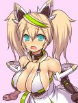  1girl aqua_eyes asamura_hiori bare_shoulders blonde_hair blush breasts cleavage elbow_gloves fang gene_(pso2) gloves green_hair hair_between_eyes highres large_breasts long_hair looking_at_viewer multicolored_hair open_mouth phantasy_star phantasy_star_online_2 solo twintails 