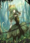  1girl ahoge animal_ears arched_back armband blonde_hair forest gloves gradient_hair green_eyes highres kaze_minoru_so-ru long_hair looking_at_viewer multicolored_hair nature puffy_sleeves solo tail tree 