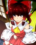  1girl alternate_eye_color ascot bow brown_hair detached_sleeves from_above hair_between_eyes hair_bow hair_tubes hakurei_reimu hand_on_lap highres hyudora legs lips looking_at_viewer perspective porch red_shirt red_skirt reflective_eyes ribbon-trimmed_sleeves ribbon_trim sarashi shiny shiny_hair shirt sitting skirt sleeveless sleeveless_shirt sliding_doors smile solo tatami touhou violet_eyes wide_sleeves 