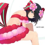  1girl aqua_eyes arm_ribbon bare_shoulders black_hair breasts character_request copyright_name flower hair_flower hair_ornament hair_ribbon leaning_forward luck_&amp;_logic ribbon short_hair simple_background sitting skirt solo sts under_boob white_background 