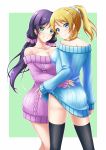  2girls :d ass ayase_eli bare_shoulders black_legwear blonde_hair blue_eyes blush breasts cleavage clothes_lift collarbone from_behind green_eyes grin hair_ornament hair_scrunchie head_tilt highres hug jewelry lifted_by_self long_hair long_sleeves love_live!_school_idol_project low_twintails multiple_girls necklace no_pants off-shoulder_sweater open_mouth ponytail purple_hair ribbed_sweater scrunchie smile sweater sweater_lift tareme teasing thigh-highs toujou_nozomi twintails very_long_hair yuri 
