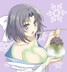  1girl bare_shoulders black_hair blush bow breasts cleavage collarbone eating grey_eyes hair_bow japanese_clothes large_breasts long_sleeves looking_at_viewer off_shoulder open_mouth senran_kagura senran_kagura_(series) senran_kagura_shinovi_versus shaved_ice short_hair snowflakes solo taturouxs yumi_(senran_kagura) 