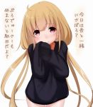  1girl blonde_hair futaba_anzu idolmaster idolmaster_cinderella_girls long_hair pink_eyes ratsuku_kinoko sleeves_past_wrists solo sweater translated twintails very_long_hair 