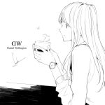  1girl artist_name commentary_request highres long_hair long_sleeves loundraw monochrome original profile sidelocks signature sitting sketch smile solo steam table watch watch 