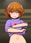  androgynous blush brown_hair frisk_(undertale) hasso_(goodbad963) heart looking_at_viewer navel one_eye_closed purple_clothes purple_shirt red_eyes shirt shirt_lift short_hair smile solo striped striped_clothes striped_shirt tongue tongue_out undertale upper_body 