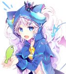  1girl :d blue_eyes chiliarch_(elsword) coat crown elsword fish hair_ornament hairclip hood horns long_hair looking_at_viewer luciela_r._sourcream mini_crown open_mouth pinb smile solo tail twintails upper_body white_background white_hair 