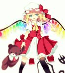  1girl :d alternate_eye_color ascot black_legwear blonde_hair blue_eyes blurry blush bow crystal depth_of_field flandre_scarlet hat hat_bow hat_ribbon jpeg_artifacts laevatein looking_at_viewer mob_cap open_mouth puffy_short_sleeves puffy_sleeves ribbon short_hair short_sleeves side_ponytail skirt skirt_set smile solo stuffed_animal stuffed_toy te_toga teddy_bear thigh-highs touhou vest wings zettai_ryouiki 