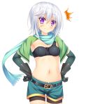  /\/\/\ 1girl armpits belt blush capelet chris_(konosuba) earrings gloves gokireddo hands_on_hips highres jewelry kono_subarashii_sekai_ni_shukufuku_wo! navel scar scarf short_hair short_shorts shorts silver_hair solo standing sweatdrop violet_eyes white_background 