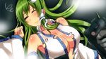  1_(kawaseha) 1girl armpits bare_shoulders blush breasts cleavage collarbone defibrillator detached_sleeves frog_hair_ornament green_eyes green_hair hair_ornament hair_tubes japanese_clothes kochiya_sanae large_breasts long_hair long_sleeves lying miko on_back one_eye_closed pov_hands snake_hair_ornament sweat torn_clothes touhou trembling wide_sleeves 
