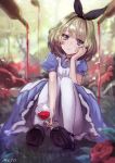  1girl alcohol alice_(wonderland) alice_(wonderland)_(cosplay) alice_in_wonderland blue_eyes brown_hair cosplay dress green_eyes heterochromia idolmaster idolmaster_cinderella_girls looking_at_viewer meto31 mole mole_under_eye short_hair smile solo takagaki_kaede wine 