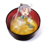  &gt;_&lt; 1girl akitsushima_(kantai_collection) chibi closed_eyes commentary_request grey_hair highres kantai_collection long_hair miso_soup nishikitaitei-chan open_mouth ponytail side_ponytail solo yasume_yukito 