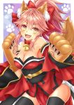  1girl absurdres animal_ears bell bell_collar black_legwear breasts caster_(fate/extra) cleavage collar fangs fate/grand_order fate_(series) fox_ears fox_tail hair_ribbon highres japanese_clothes large_breasts long_hair looking_at_viewer open_mouth pink_hair ribbon solo tail tamamo_cat_(fate/grand_order) thigh-highs yellow_eyes 