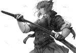  1girl black_gloves eyepatch gloves greyscale imizu_(nitro_unknown) kantai_collection katana monochrome partly_fingerless_gloves rigging sheath short_hair skirt sleeves_rolled_up solo sword tenryuu_(kantai_collection) torn_clothes unsheathing weapon white_background 