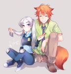  1boy 1girl animal_ears bangs belt_pouch blue_pants blue_shirt blue_shoes brown_pants bunny_tail carrot collared_shirt dress_shirt fox_ears fox_tail green_shirt grey_background grey_eyes grey_hair grin holding_another&#039;s_hair holding_food judy_hopps knee_pads long_hair long_sleeves looking_at_viewer necktie nick_wilde orange_hair pants parted_bangs police police_uniform print_shirt shirt shoes short_sleeves sichol-bell signature silver_hair simple_background sitting smile striped striped_necktie tail twintails uniform zootopia 