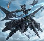  1girl ace_combat aerial_battle airplane armor battle bob_cut boots clouds commentary_request dogfight flying gloves headgear helmet highres jet_engine looking_at_viewer machinery mecha mecha_musume short_hair sky solo tom-neko_(zamudo_akiyuki) wings xr-45_cariburn 