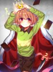  androgynous blush_stickers brown_eyes brown_hair cape chara_(undertale) chocolate_bar collared_shirt crown glint heart highres hyunodra knife ribbon shirt shorts smile solo spoilers striped striped_shirt tagme undertale 