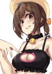  1girl bell bell_collar black_bra bra breasts brown_eyes brown_hair cat_lingerie cleavage cleavage_cutout collar commentary error_musume grin hat kantai_collection looking_at_viewer ponytail simple_background smile solo teeth underwear white_background wulazula 