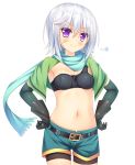  1girl armpits belt blush capelet chris_(konosuba) earrings gloves gokireddo hands_on_hips highres jewelry kono_subarashii_sekai_ni_shukufuku_wo! scar scarf short_hair short_shorts shorts silver_hair smile solo standing violet_eyes white_background 