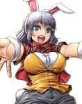  alice_in_wonderland amania_orz animal_ears breasts dagashi_kashi large_breasts open_mouth outstretched_arms purple_hair rabbit_ears ringed_eyes shidare_hotaru short_hair white_rabbit white_rabbit_(cosplay) 