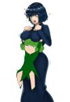  2girls blue_hair breasts fubuki_(one-punch_man) green_eyes green_hair large_breasts multiple_girls one-punch_man open_mouth short_hair siblings simple_background sisters tatsumaki the_golden_smurf thighs white_background 