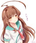  1girl ahoge brown_eyes brown_hair closed_mouth commentary_request kantai_collection kuma_(kantai_collection) long_hair masakazu_(coccinellee) school_uniform serafuku short_sleeves smile solo twitter_username 