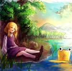  1girl blonde_hair closed_eyes full_body hat hat_removed headwear_removed landscape long_sleeves moriya_suwako mountain nature on_ground open_mouth potatotop scenery shirt shoes short_hair sitting skirt skirt_set sleeping solo thigh-highs touhou tree turtleneck vest water white_legwear wide_sleeves 